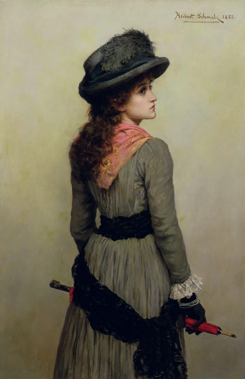 Herbert Schmalz - Denise, ritratto di una giovane ragazza con un ombrello rosso , 1885